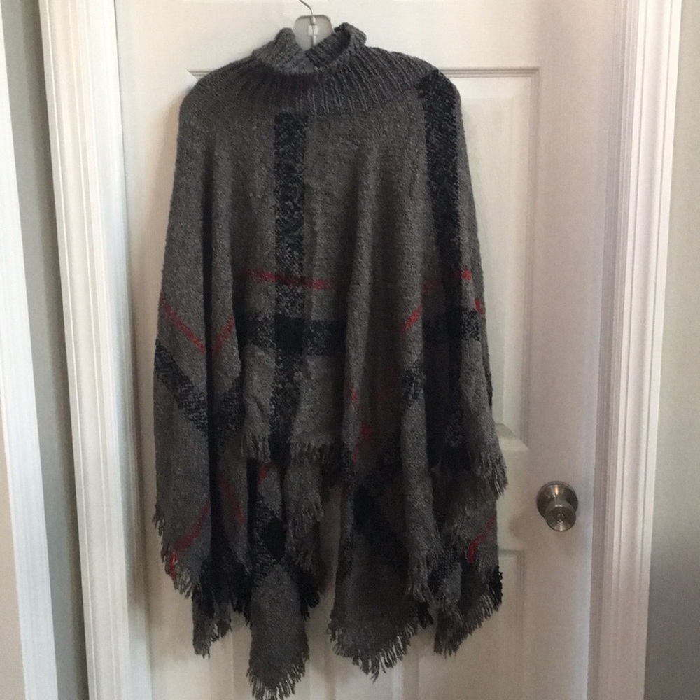 Gray Plaid Turtleneck Poncho